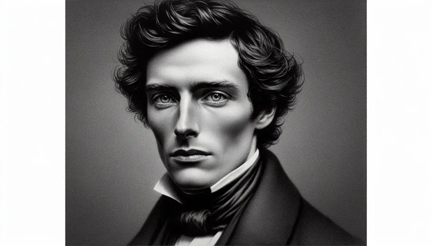 Ritratto in bianco e nero di uomo con capelli ondulati, sguardo intenso, sopracciglia folte, naso dritto e abito elegante d'epoca.