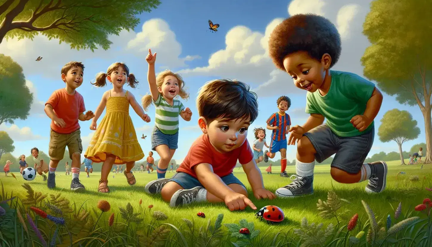 Multi-ethnic children play in a grassy field: one observes a ladybug, others laugh and play football, one reads in the shade of a tree.