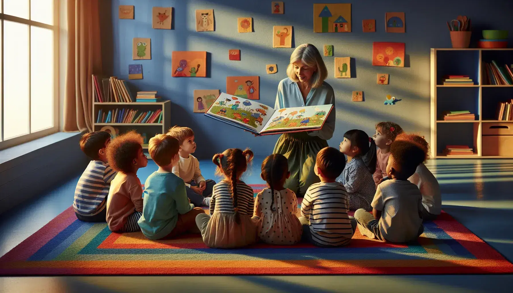 Niños pequeños atentos en círculo sobre alfombra colorida escuchando a mujer que lee libro ilustrado, con estantes de juguetes y libros al fondo.