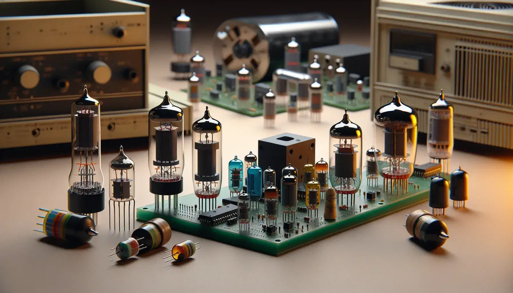 Colección de dispositivos electrónicos antiguos a modernos, con tubos de vacío iluminados, transistor, circuito impreso y computadora personal de los 80.