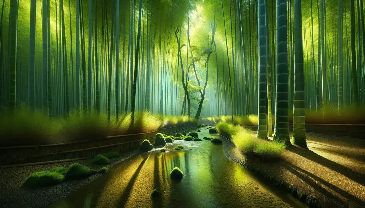Serene bamboo forest with sunlight filtering through leaves, casting shadows on a leaf-strewn ground and a gentle stream reflecting the verdant surroundings.