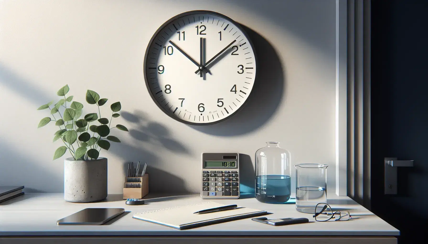 Analog clock on the wall shows 10:10, tidy desk with scientific calculator and beaker with blue liquid, blurry green plant in the background.