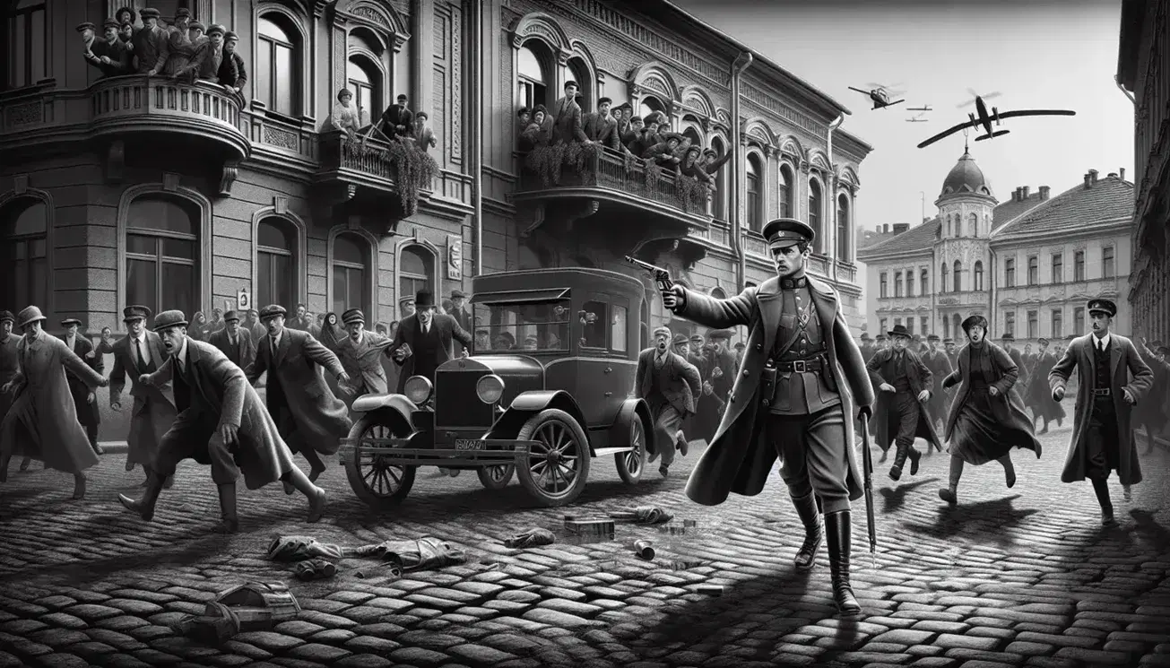 Uomo in uniforme militare d'epoca con pistola su strada acciottolata, circondato da persone sorprese, auto d'epoca visibile, architettura europea inizio '900.