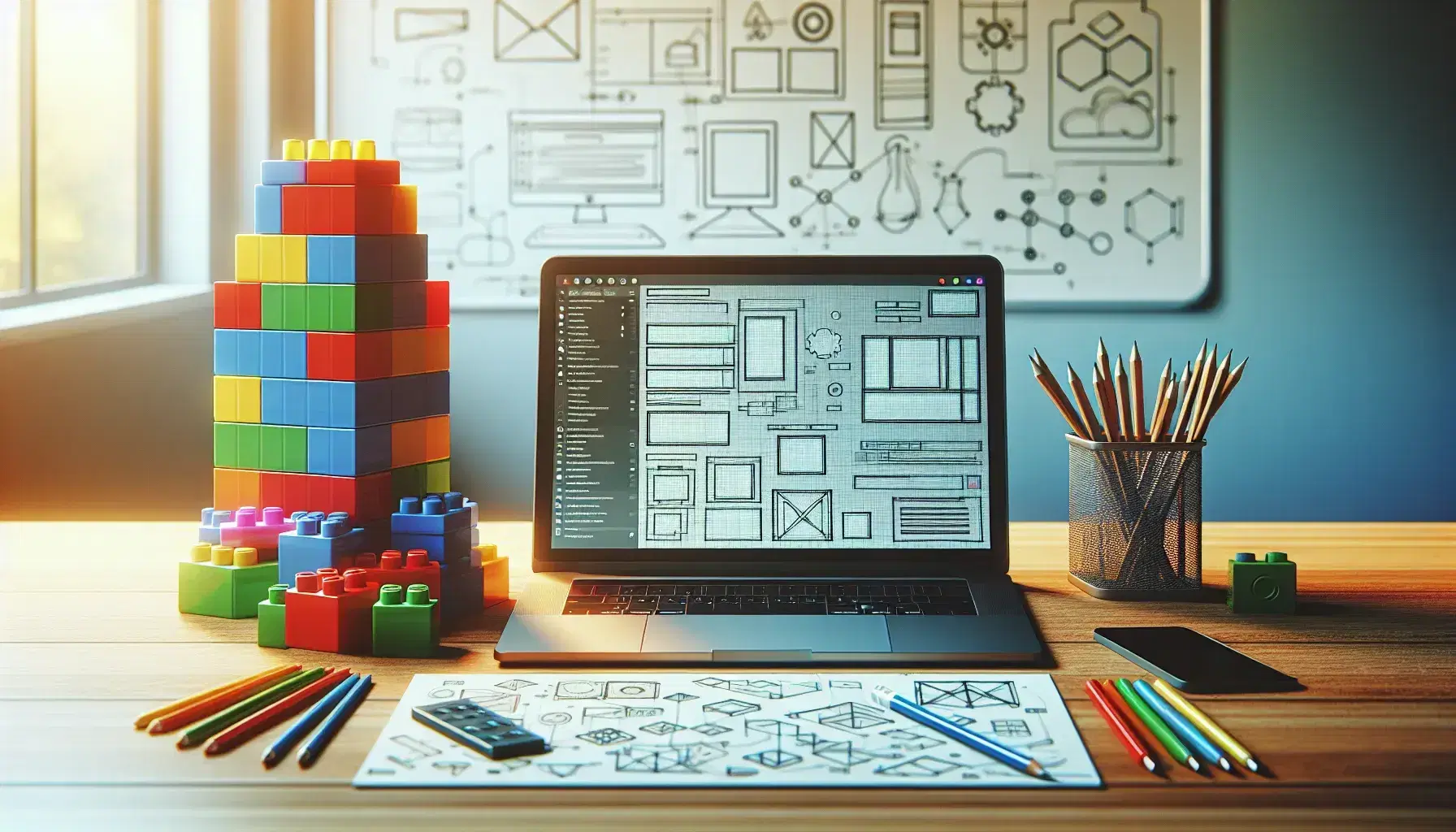 Escritorio de trabajo iluminado con laptop abierto mostrando interfaz de usuario, bloques de construcción de colores y hoja con figuras geométricas, lápices y regla metálica, fondo con pizarra y diagramas.