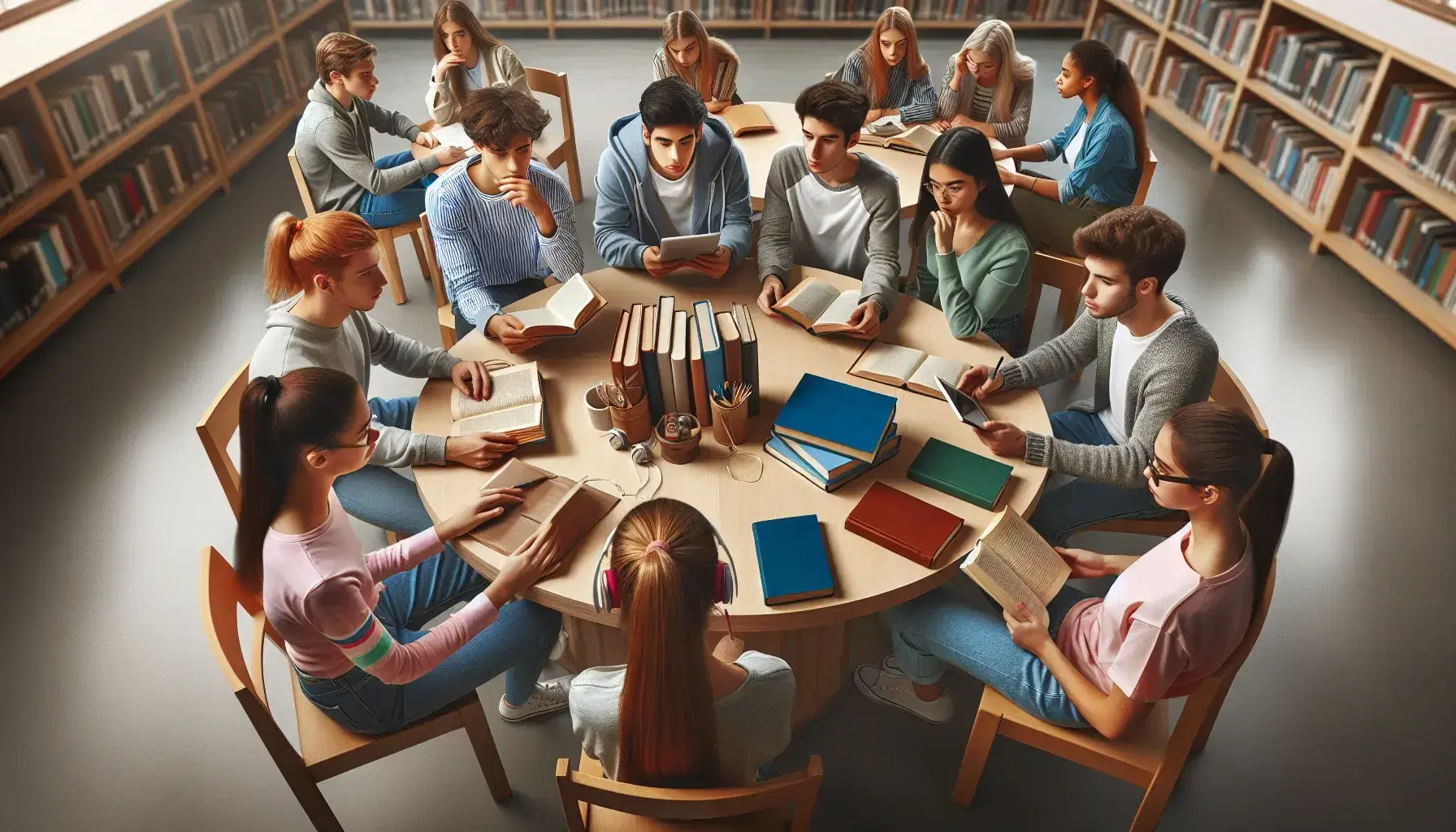 Estudiantes diversos estudiando y colaborando en biblioteca con libros y dispositivos digitales, luz natural ilumina el espacio acogedor.