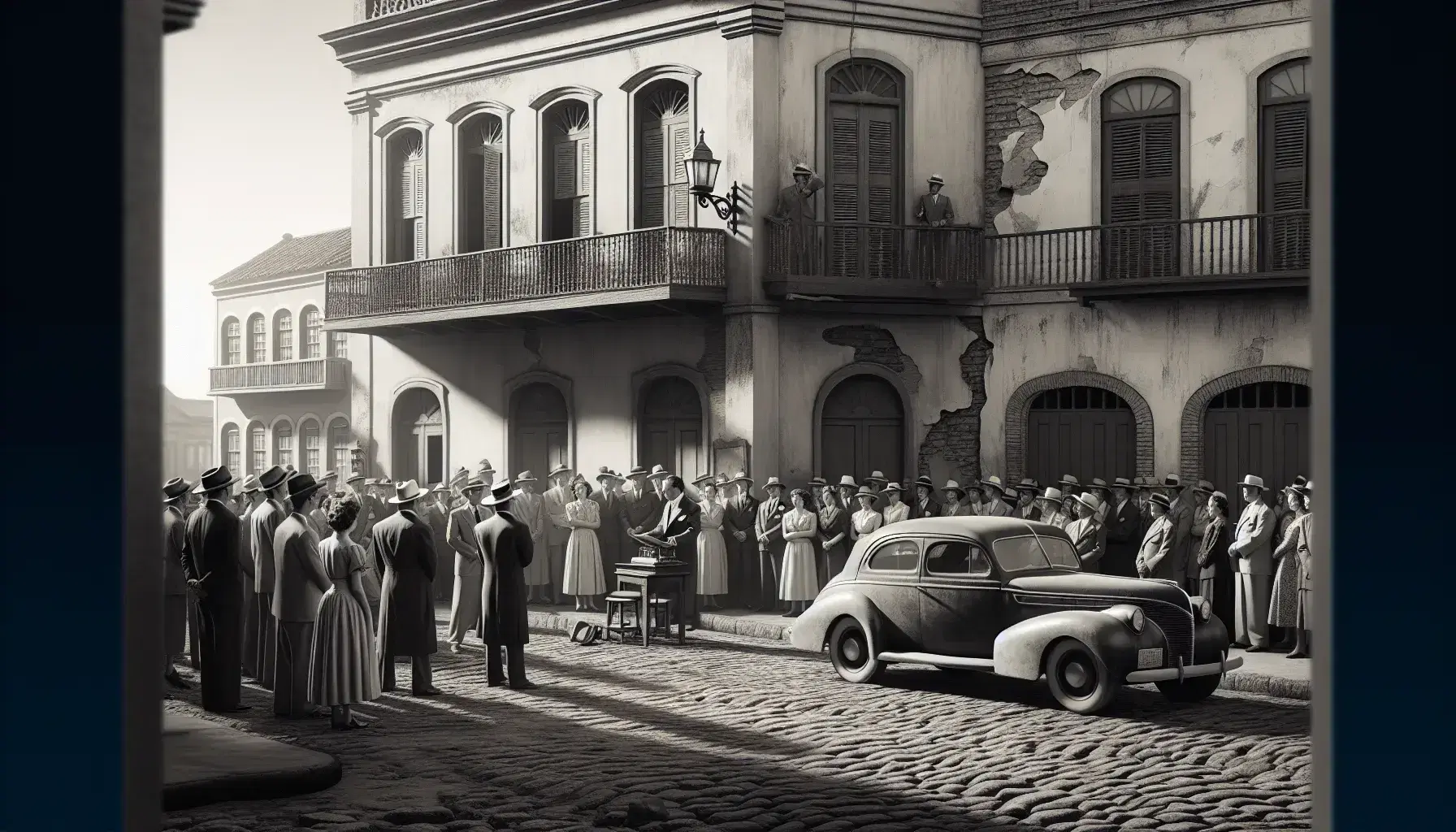 Escena en blanco y negro de una calle empedrada de los años 40 con gente alrededor de un orador en una plataforma, coche antiguo y edificios coloniales.