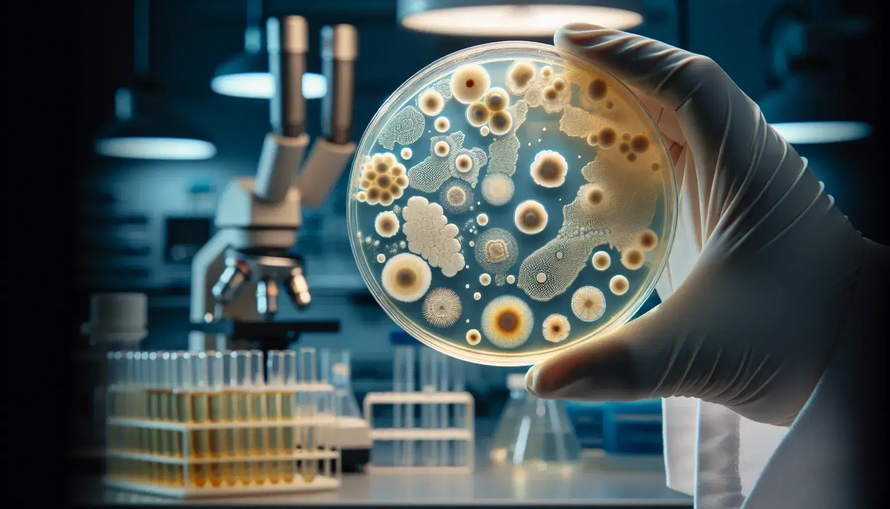 Close-up view of a petri dish with varied bacterial colonies held by gloved hands in a lab, reflecting diverse shapes and colors on agar.