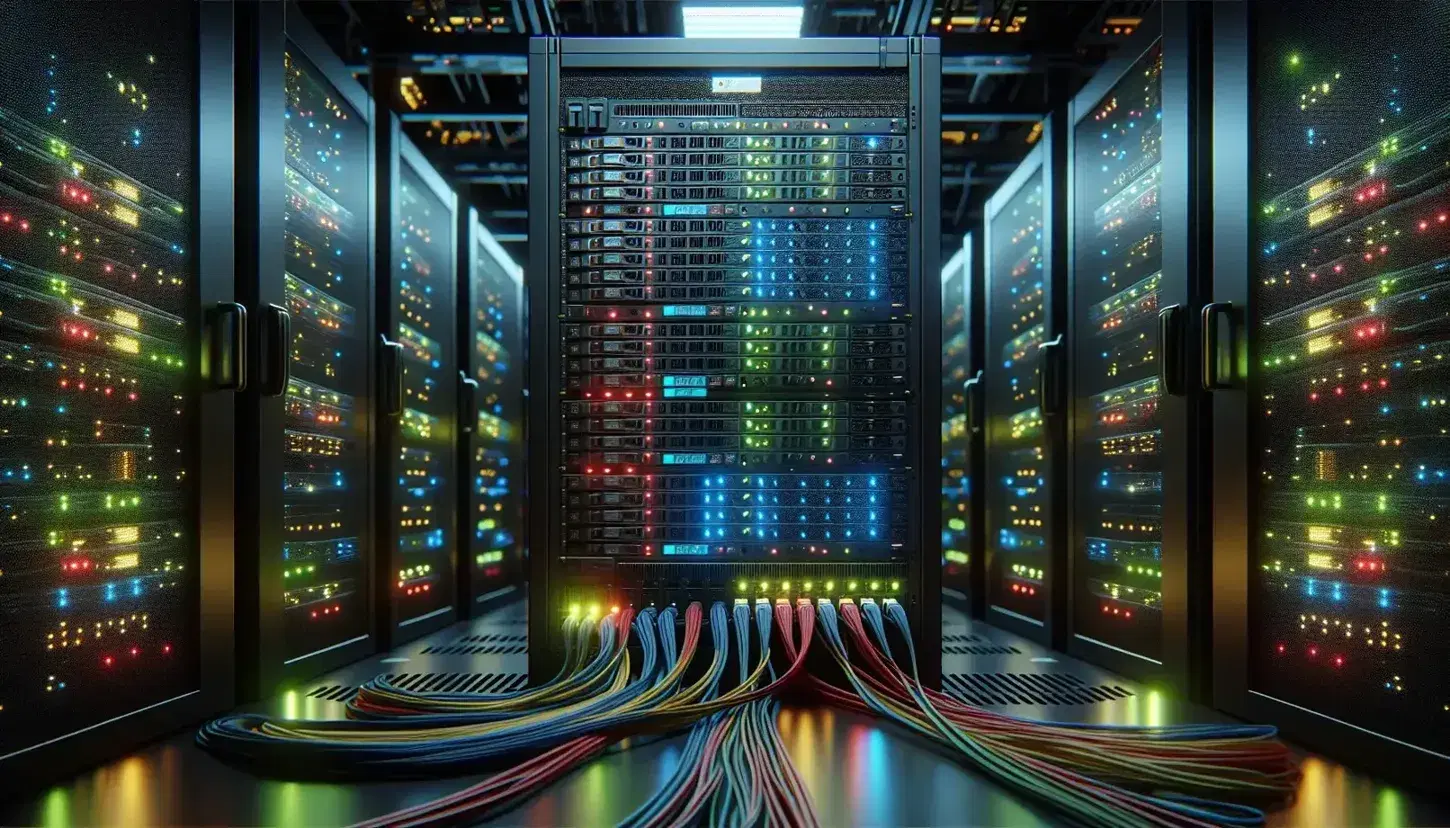Centro de datos con servidores en rack iluminados por luces LED verdes y azules, cables de colores conectados en un ambiente oscuro y tecnológico.