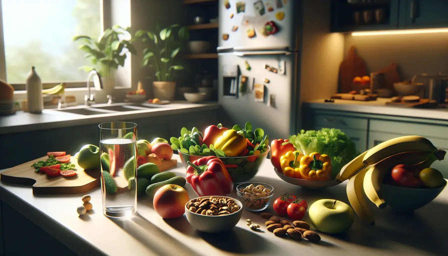 Neat kitchen worktop with green salad, sliced ​​colorful peppers, bunch of bananas, bowl of dried fruits and glass of water with lemon.