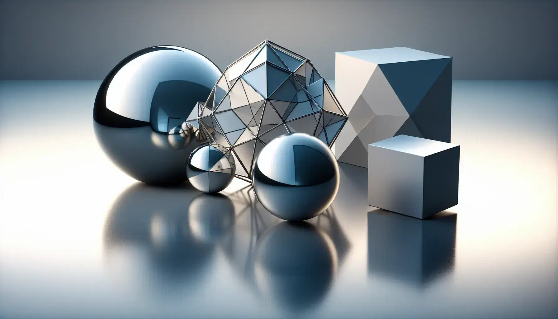 Reflective silver sphere, matte black tetrahedron, white cube, and translucent blue icosahedron on a reflective surface against a gradient gray background.