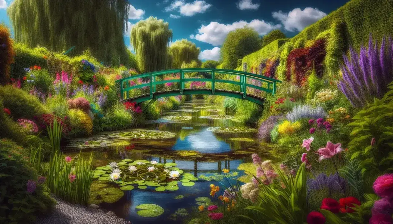 Giardino di Giverny con ponticello in legno verde, fiori colorati, ninfee e riflesso del cielo azzurro nel ruscello.