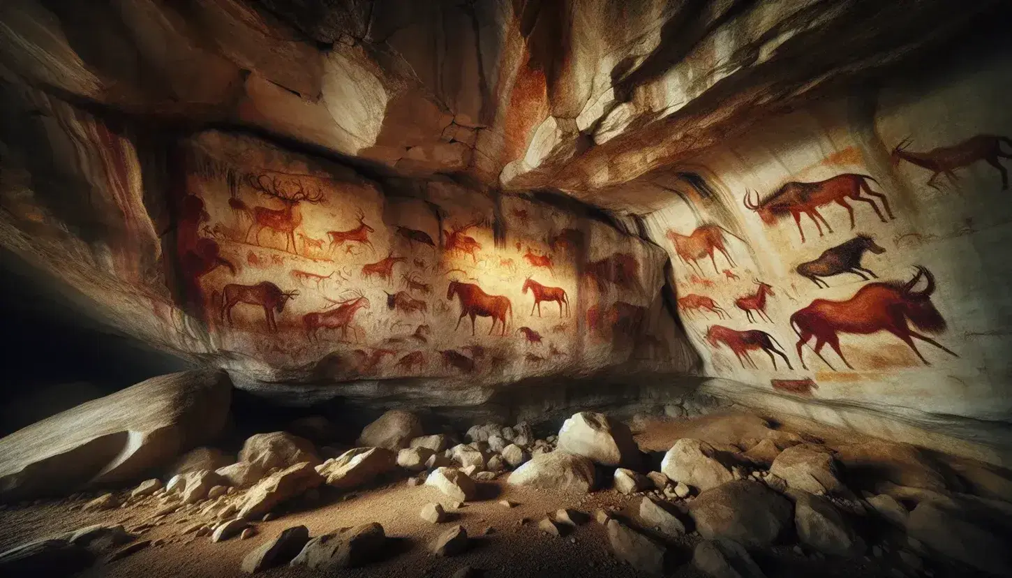 Interno di una grotta con pitture rupestri di bisonti, cavalli e cervi in tonalità ocra e nero, illuminati da una luce soffusa.