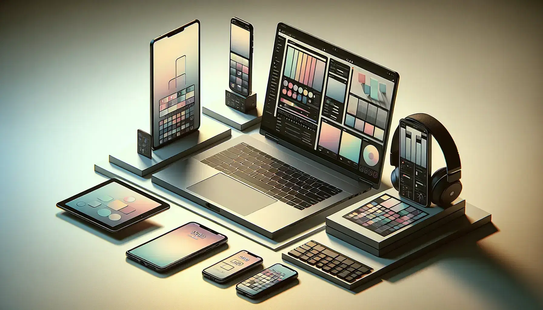 Composición equilibrada de dispositivos electrónicos con portátil abierto, smartphone encendido, tablet apagada, auriculares inalámbricos y ratón sin cables sobre superficie clara.