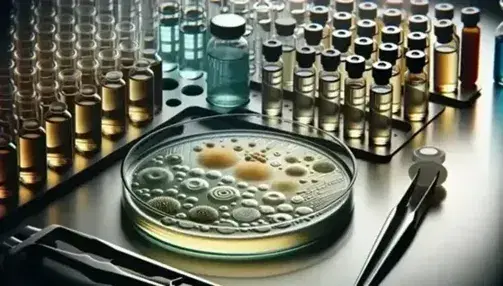 Close-up of a petri dish in the laboratory with zones of inhibition on pale yellow agar, tweezers and pipette blurred in the background.