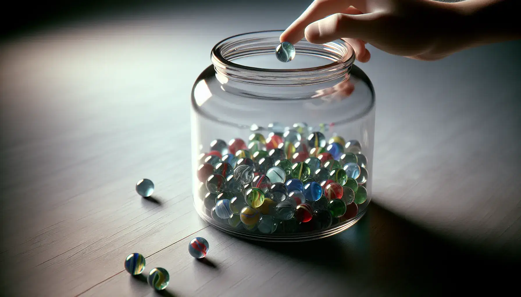 Transparent glass jar full of colorful marbles on neutral surface with hand holding a marble, blurred background.