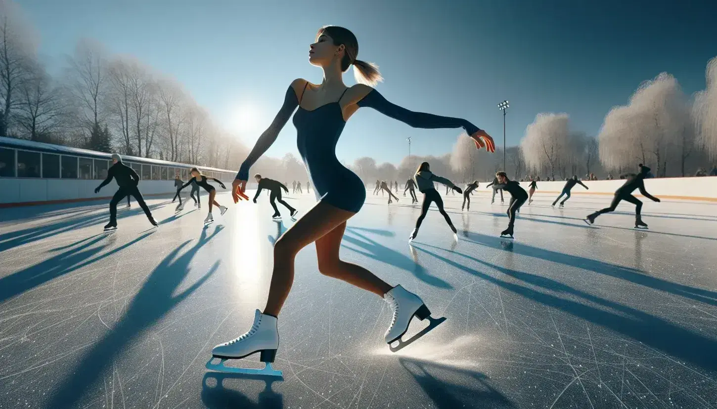 Pattinatrice su ghiaccio in abito blu e pattini bianchi esegue figura elegante su pista invernale, con cielo azzurro e alberi spogli.