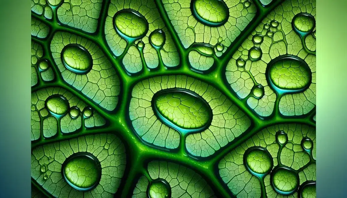 Close-up of a green leaf surface showing kidney-shaped guard cells around stomatal pores, with water droplets and a detailed vein network.