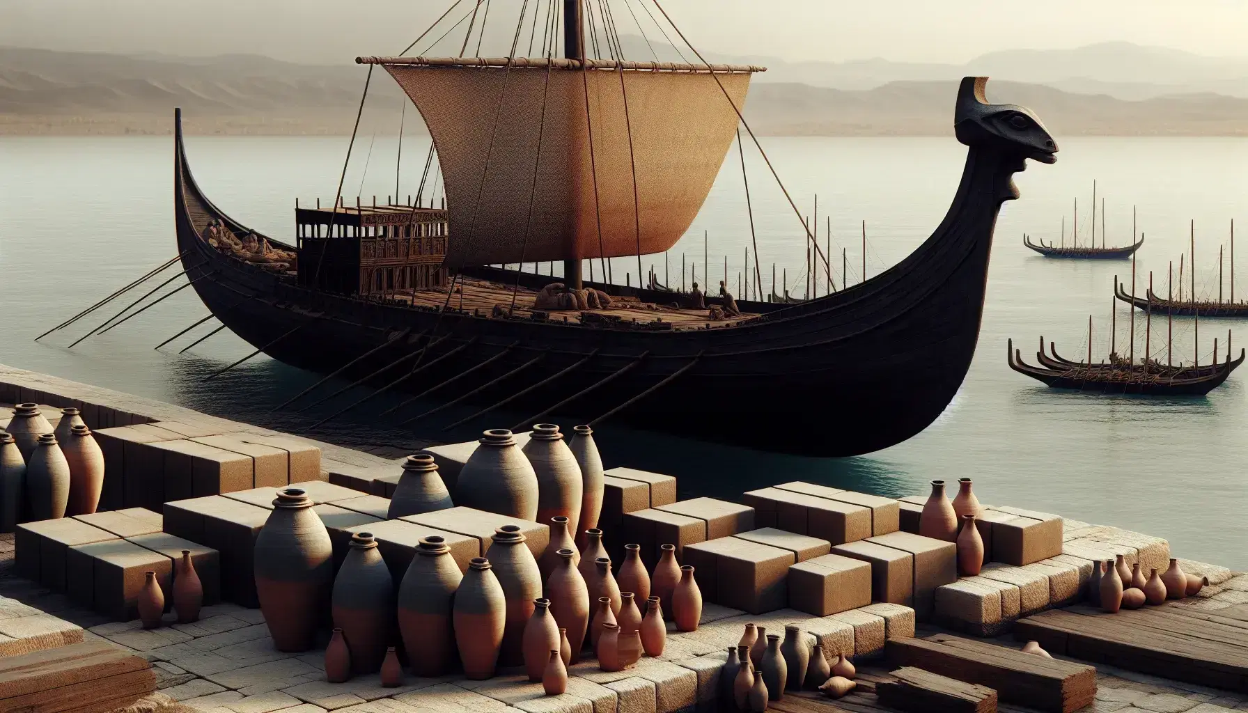 Riproduzione di una nave fenicia antica ormeggiata a un molo di pietra, con vela abbassata, circondata da anfore terracotta e edifici sullo sfondo.