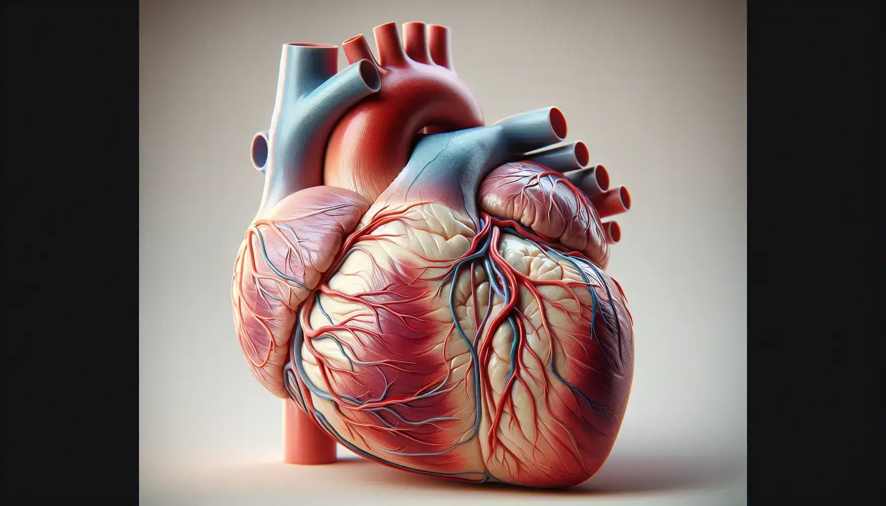 Modelo anatómico detallado del corazón humano mostrando cámaras internas, válvulas y arterias coronarias sobre fondo neutro.