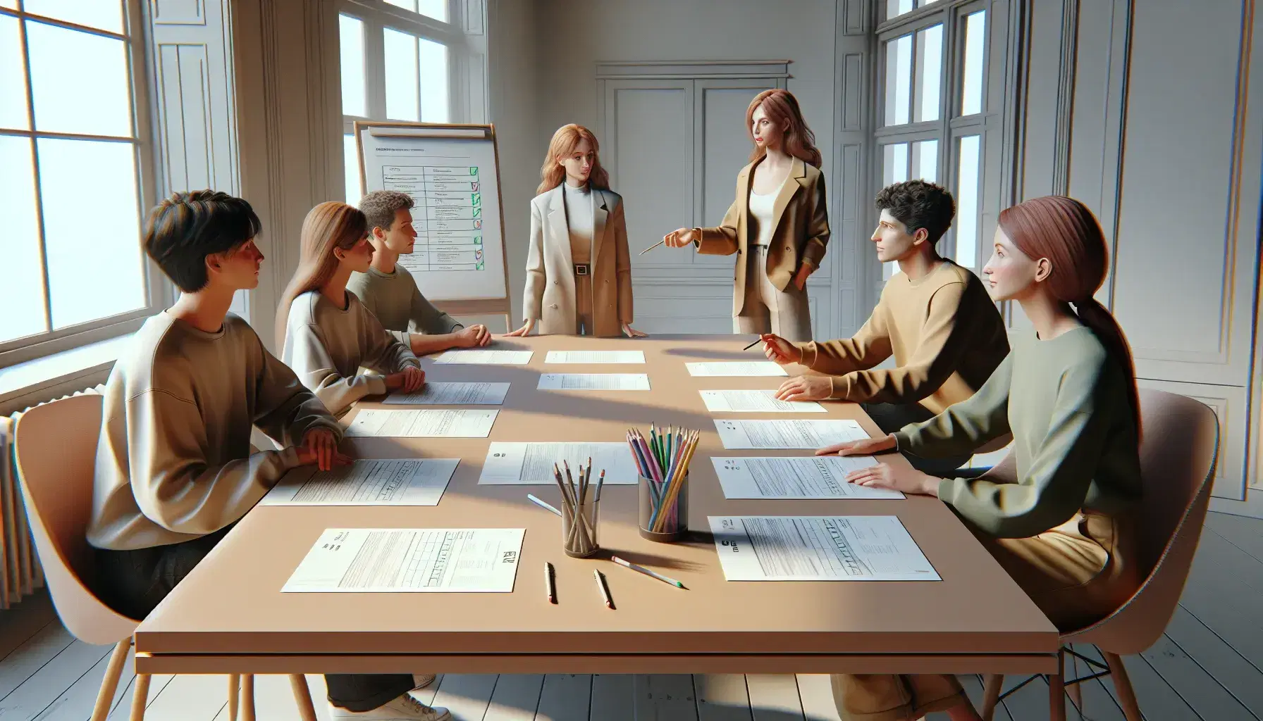 Grupo de cinco personas trabajando en equipo alrededor de una mesa con papeles y útiles de escritura, en una sala iluminada con luz natural.