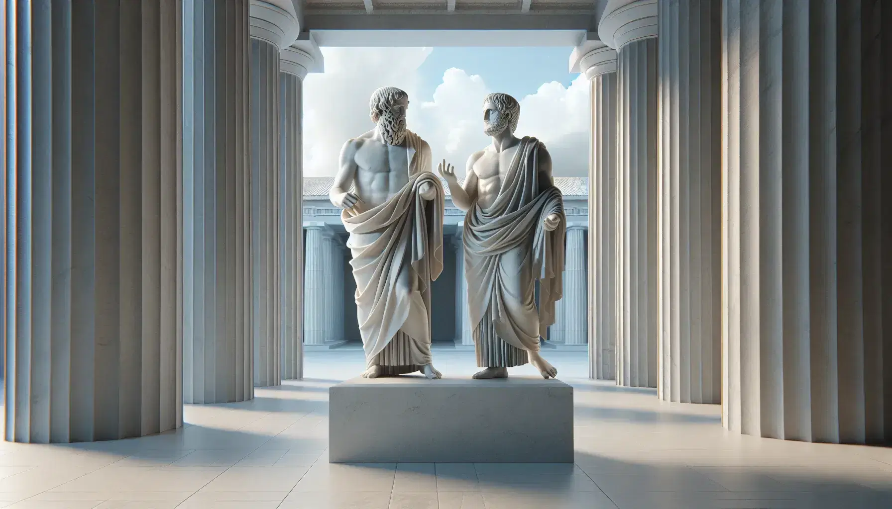 Statua in marmo bianco di Platone e Aristotele in dialogo, con mani gestuali e toghe, su piedistallo, tra colonne doriche sotto cielo azzurro.