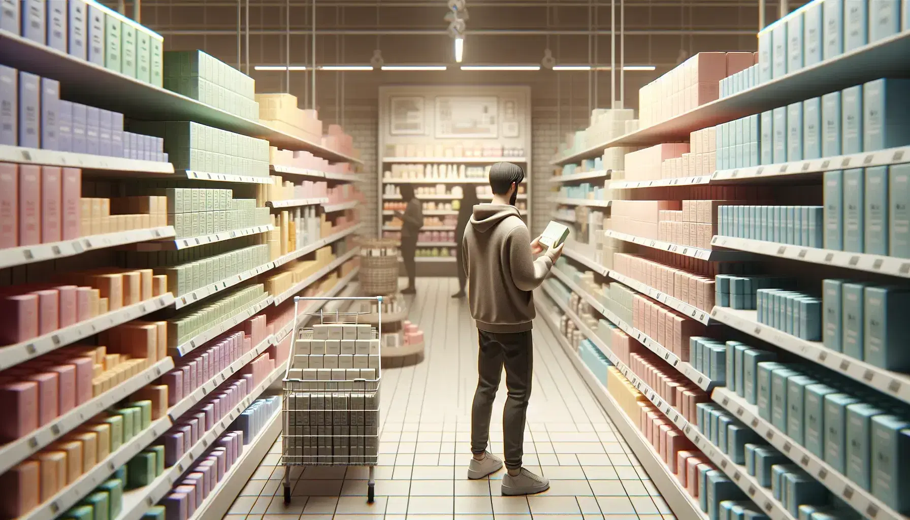 Cliente examinando caja rectangular en tienda con estantes de productos variados y organizados, ambiente ordenado y sin marcas visibles.