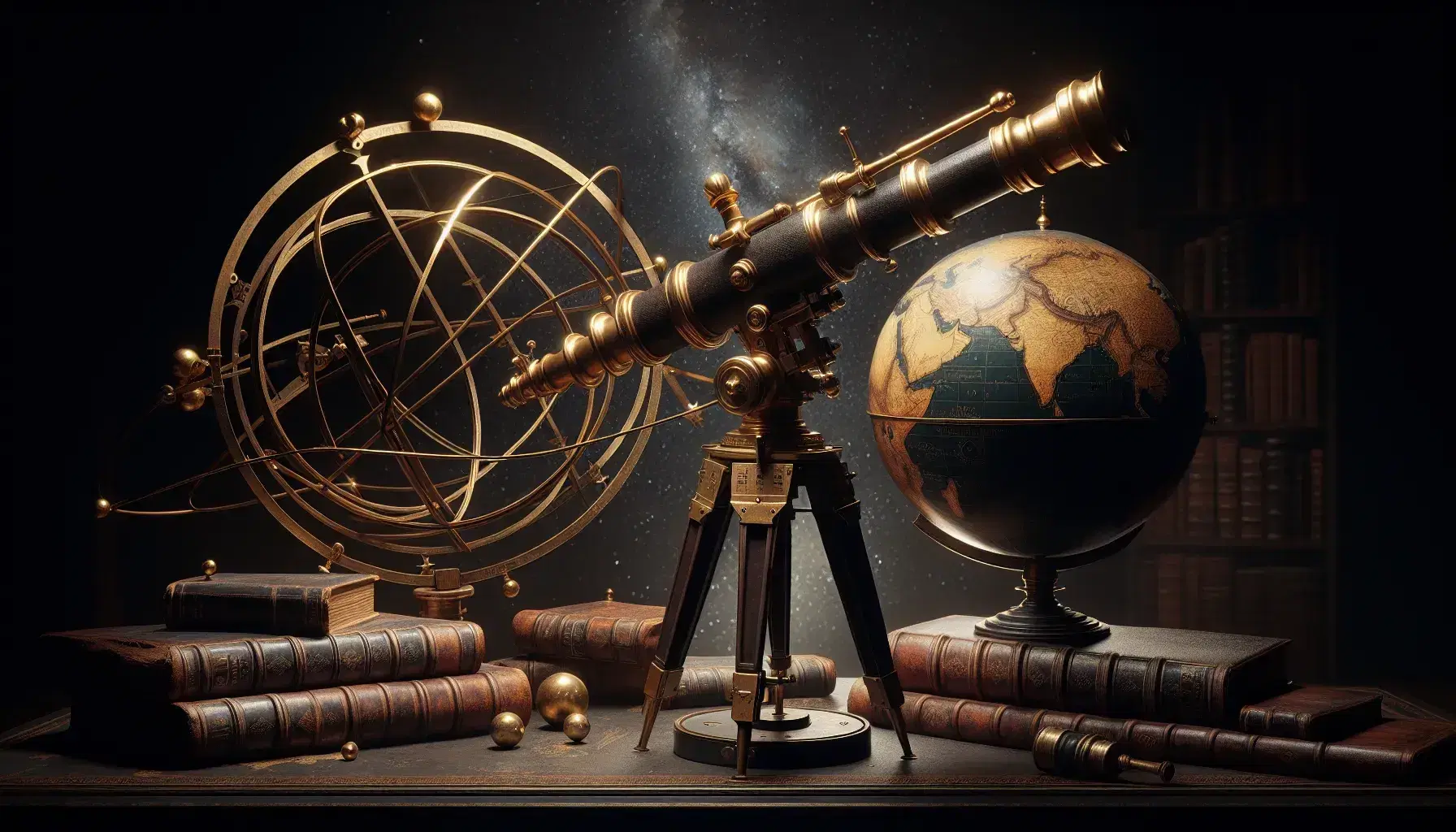 Telescopio astronomico antico su treppiede nero con sfondo stellato, sfera armillare dorata e mappamondo antico su leggio.