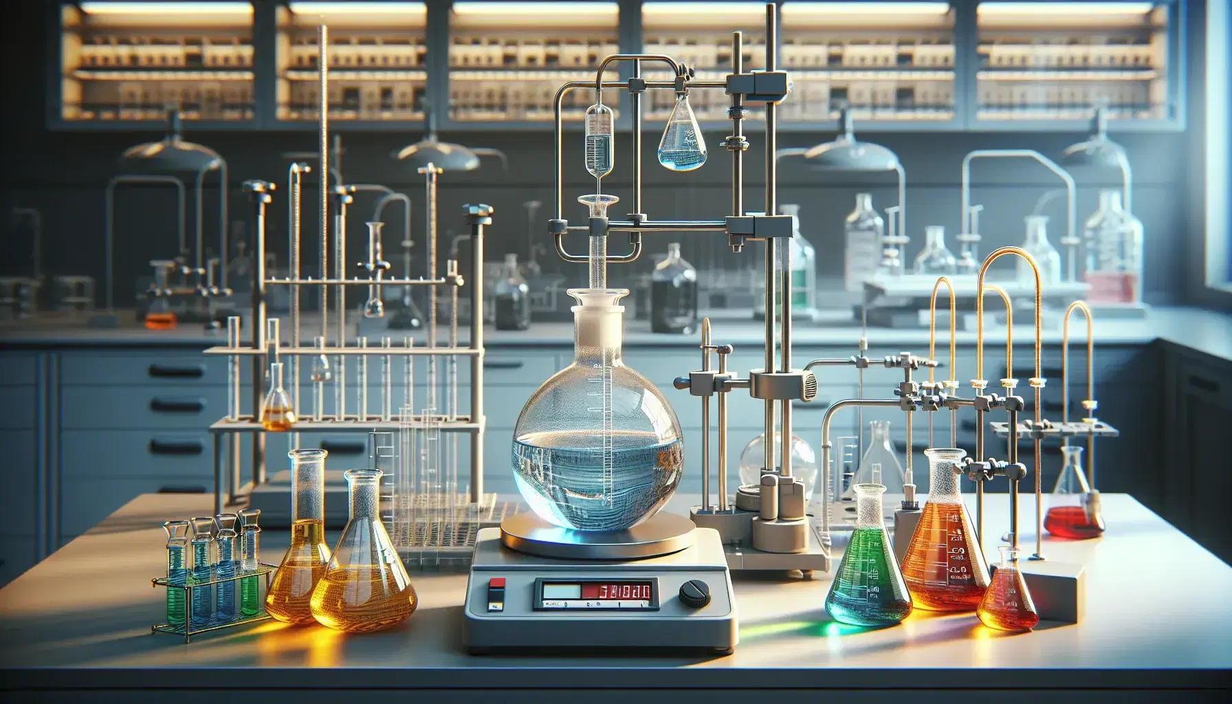 Laboratorio de química con matraces Erlenmeyer de líquidos coloridos, balanza analítica, pesas de calibración y buretas sujetas en soporte universal.
