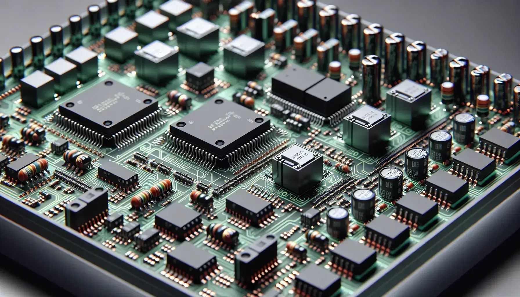 Close-up of a modern digital electronic board with components such as integrated circuits, resistors, capacitors and diodes on a green background.