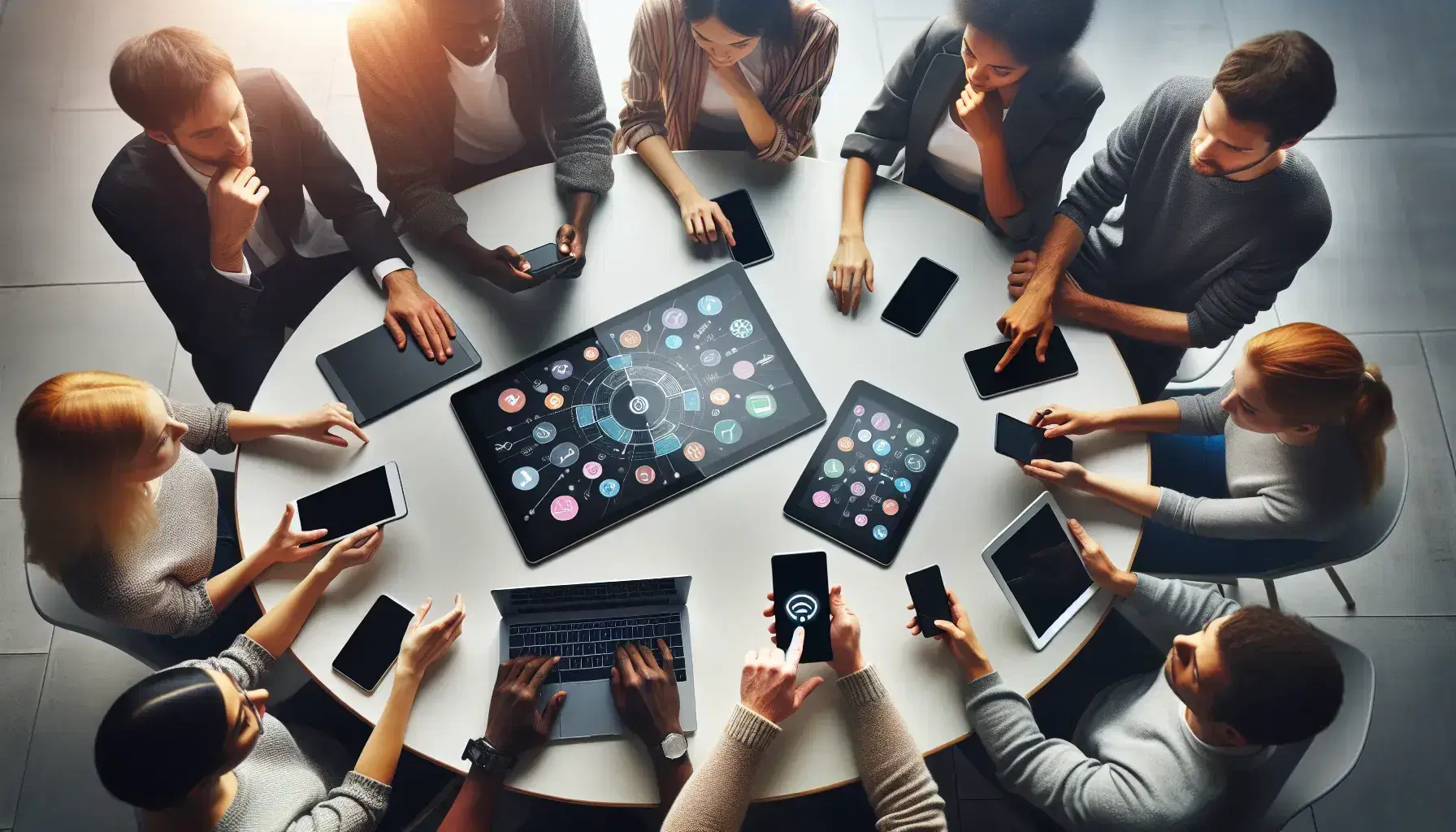 Grupo diverso de personas interactuando con dispositivos electrónicos modernos en una mesa redonda bajo luz natural.