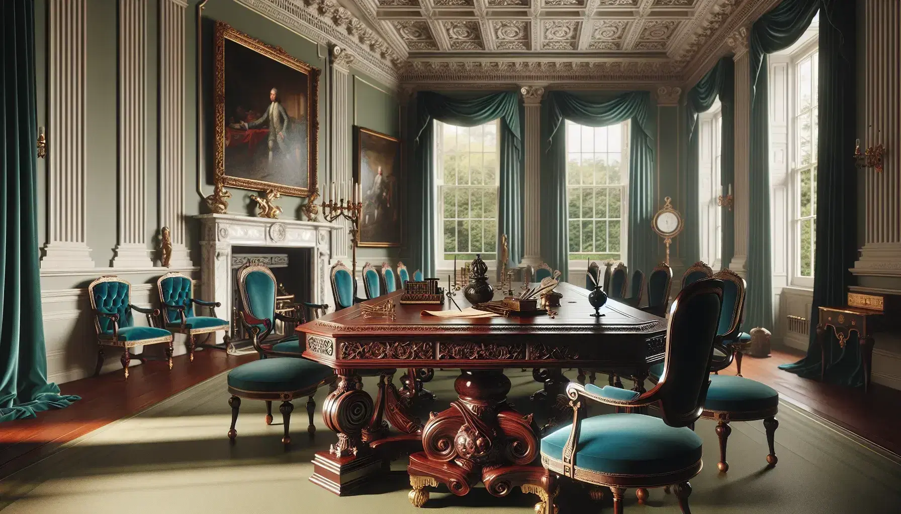 Elegant 18th-century room with a mahogany table, blue velvet chairs, inkwell, scroll, brass scale, and a marble fireplace with a gold-framed mirror.