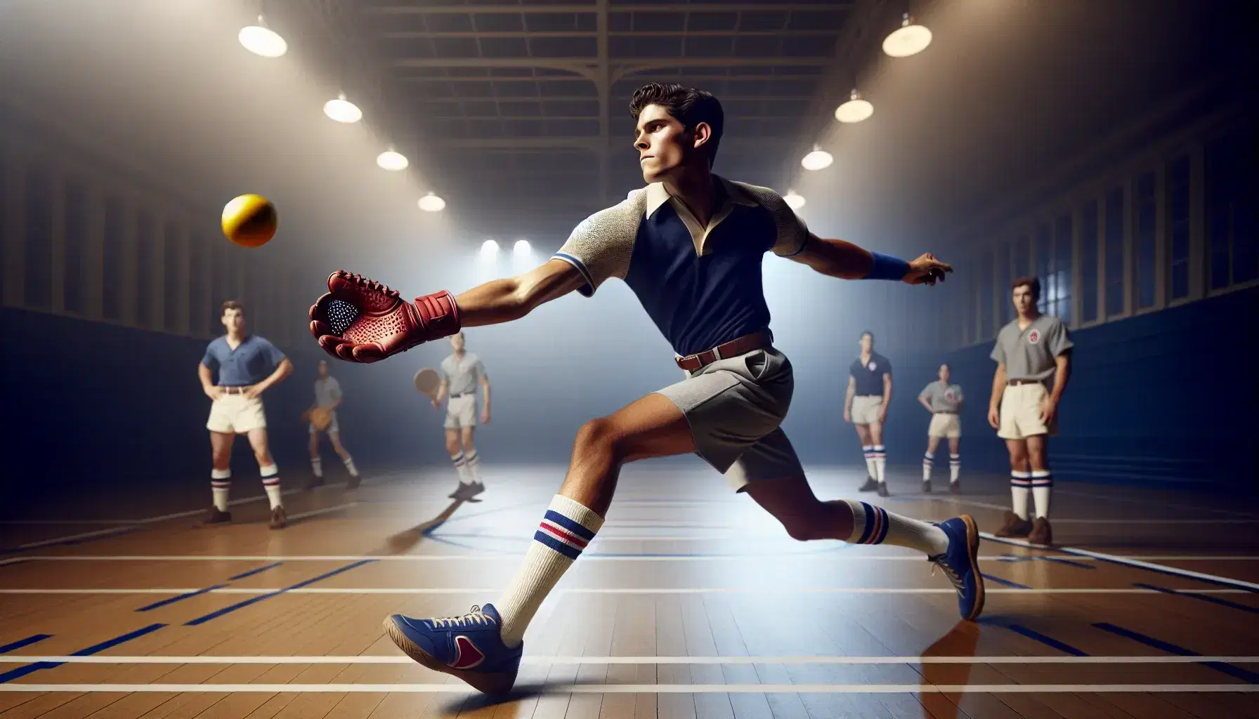 Giocatore di Hit Ball in azione colpisce palla gialla con guanto rosso in campo indoor, uniforme blu e bianca, sfondo sfocato con altri atleti.