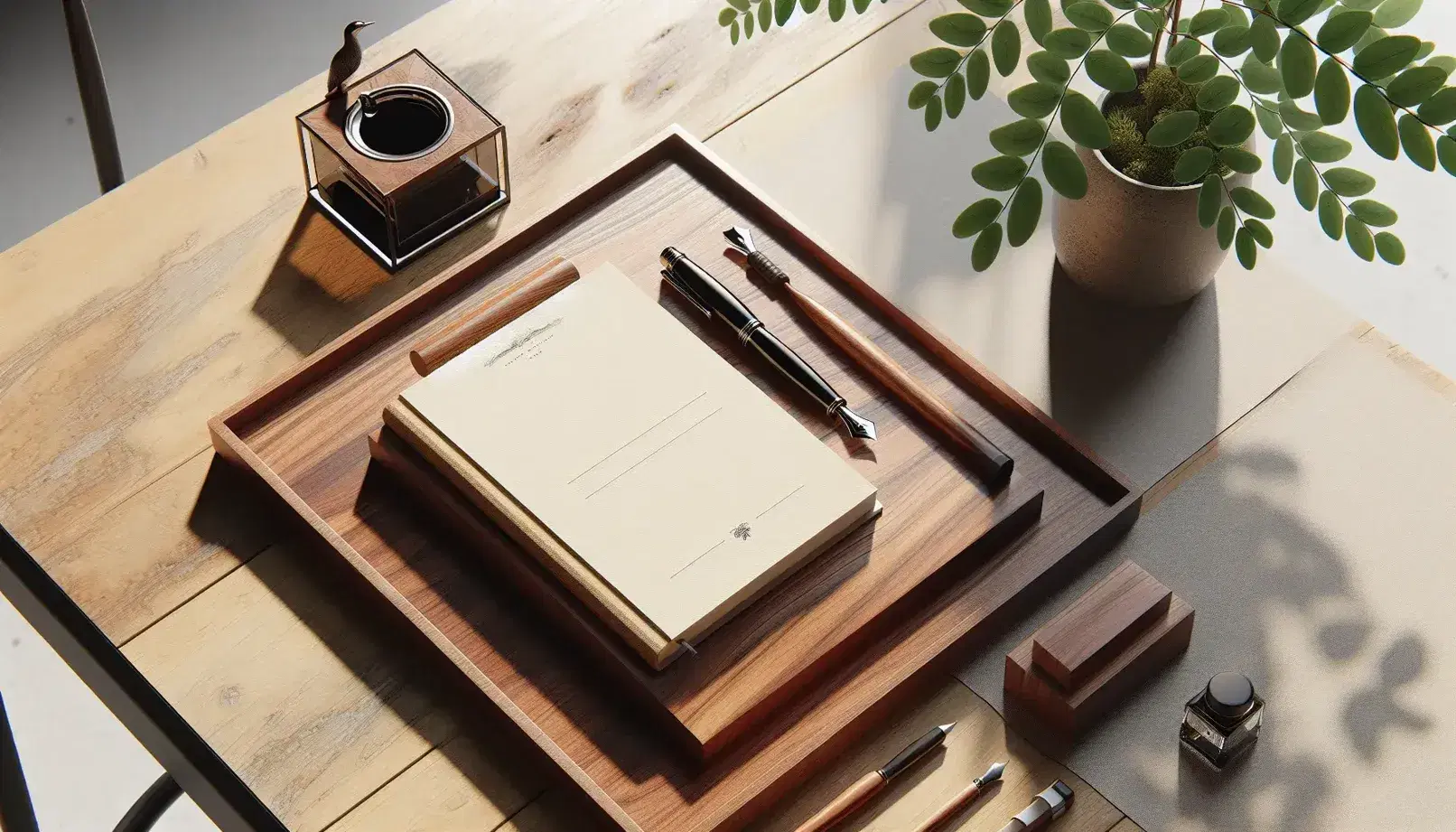 Mesa de madera con atril sosteniendo libro abierto sin texto, pluma fuente y tintero de vidrio con tinta negra, hoja en blanco y lápiz, trasfondo de planta con flores amarillas.