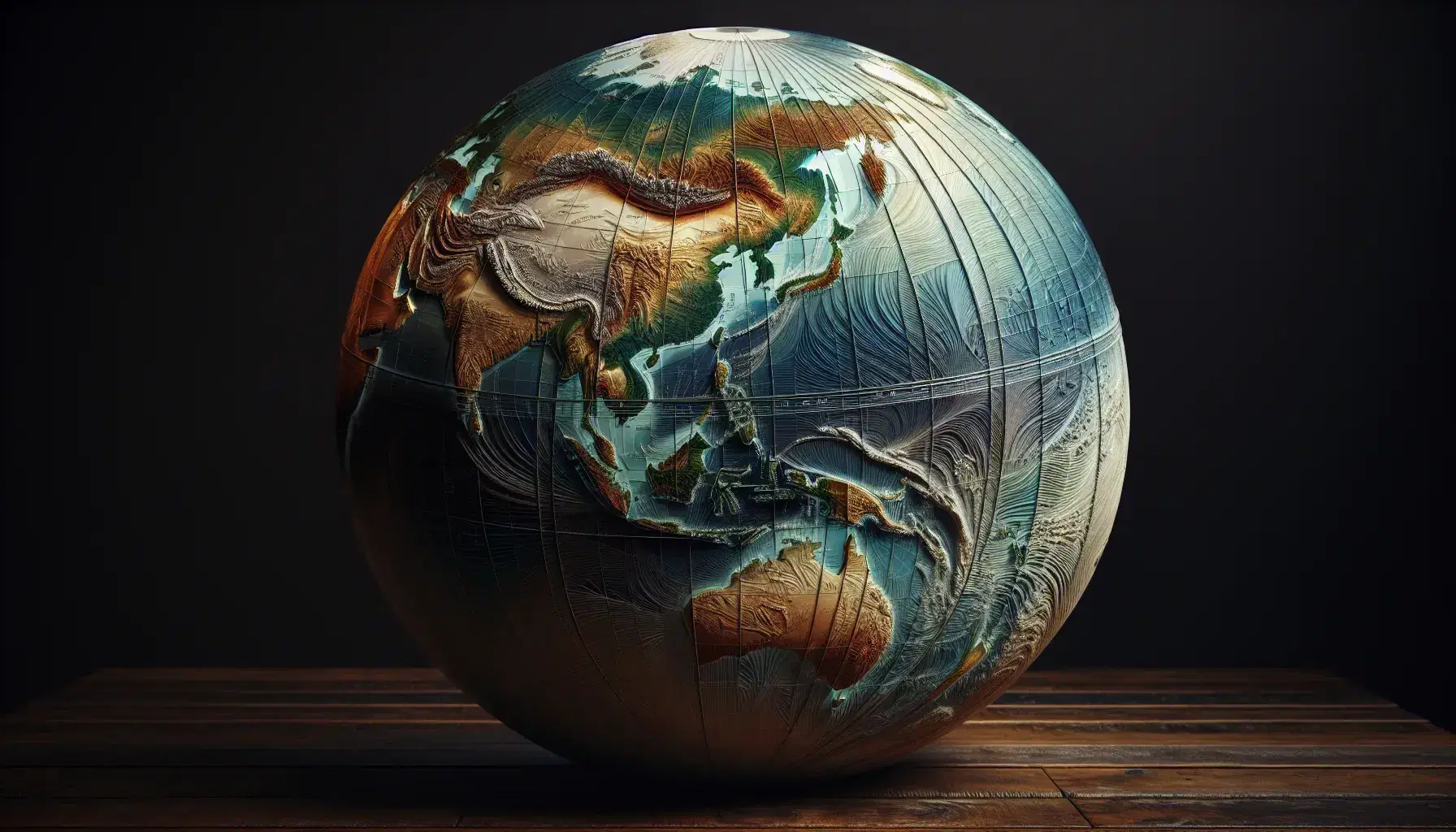 Globo terrestre dettagliato su tavolo scuro con sfera trasparente sovrapposta che mostra linee di latitudine e longitudine, senza etichette.