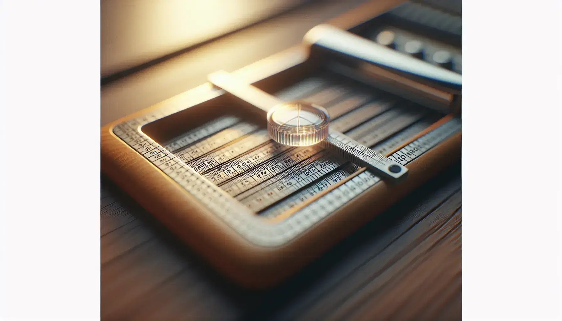 Close-up view of a vintage slide rule with a central focus on the detailed scales and a clear cursor, set on a wooden desk background.