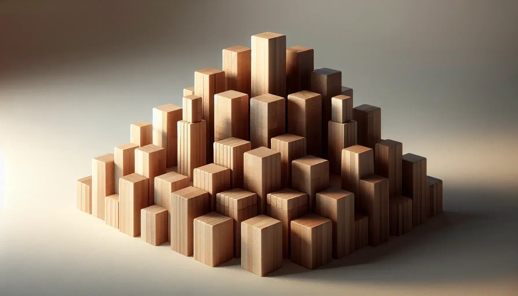 Bloques de madera en degradado de altura formando una silueta de campana sobre superficie clara con sombras suaves que resaltan la textura y el grano natural.