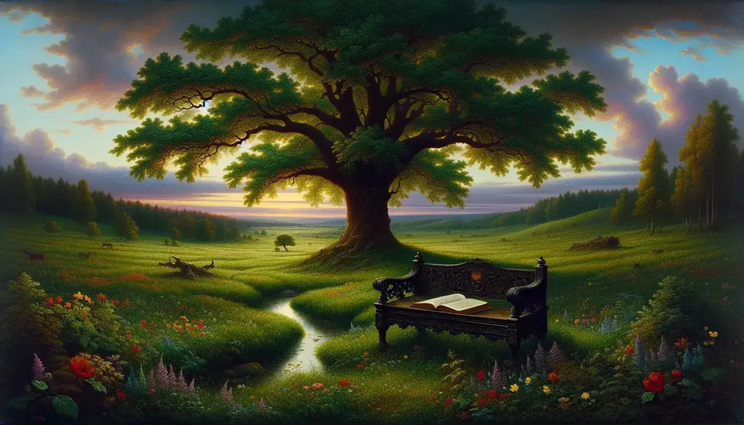Paesaggio rurale romantico con albero maestoso, panchina intagliata, libro aperto, cielo al tramonto e ruscello scintillante.