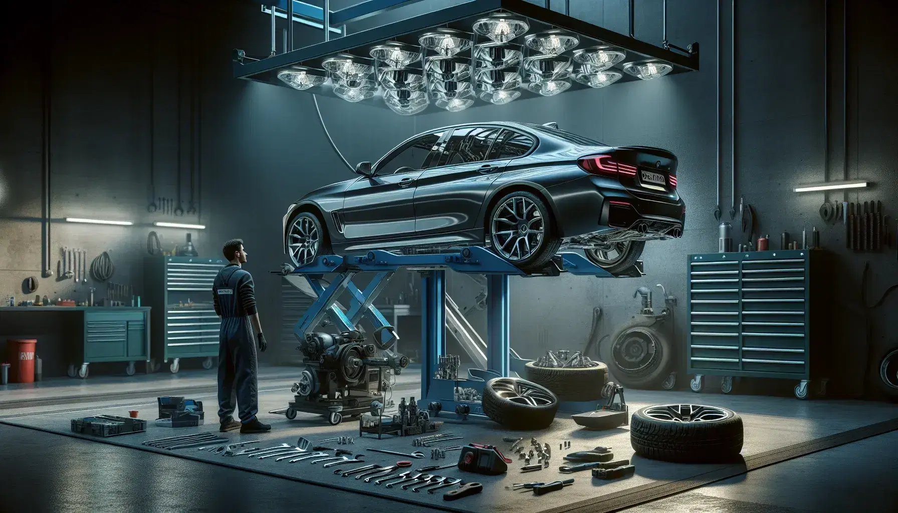 Officina meccanica con auto grigia sollevata su ponte blu, meccanico in tuta controlla il sottoscocca, attrezzi sparsi e pneumatici nuovi accatastati.