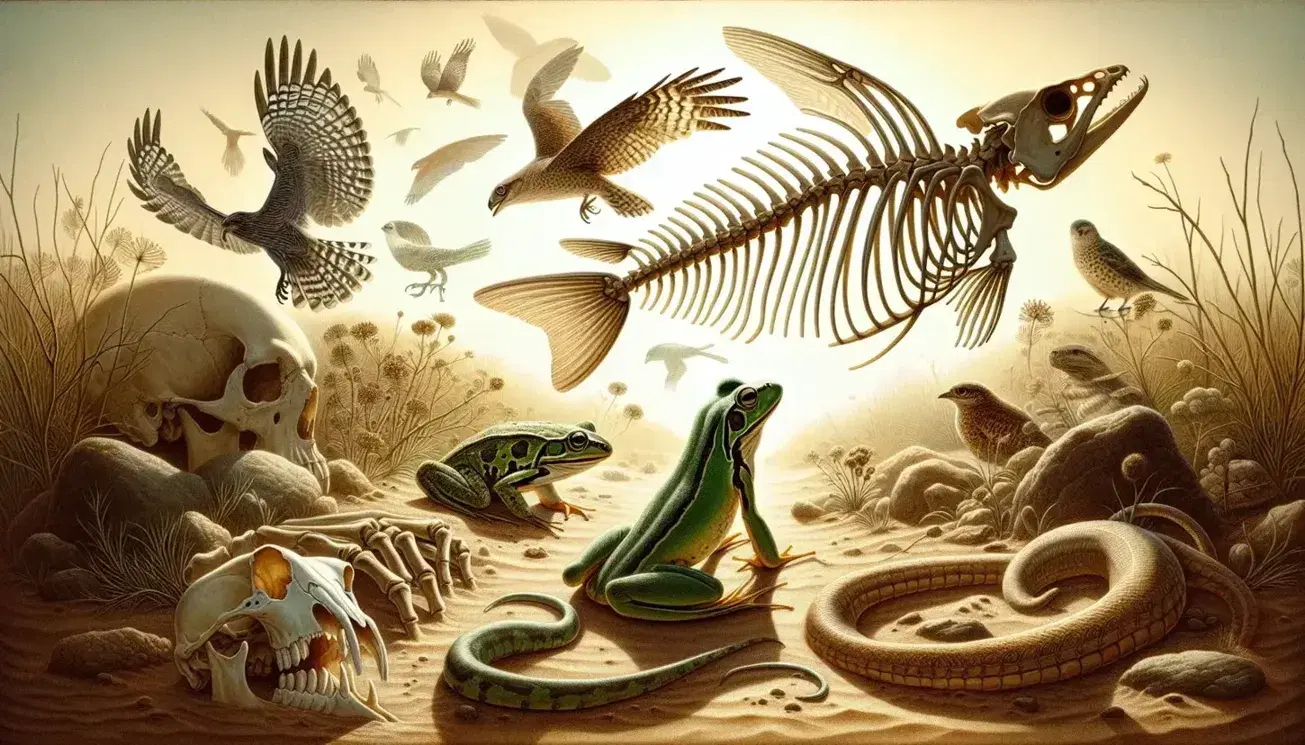 Esqueleto de pez óseo en primer plano con rana verde, serpiente entre rocas, ave en vuelo y mamífero cuadrúpedo al fondo en hábitat natural diverso.