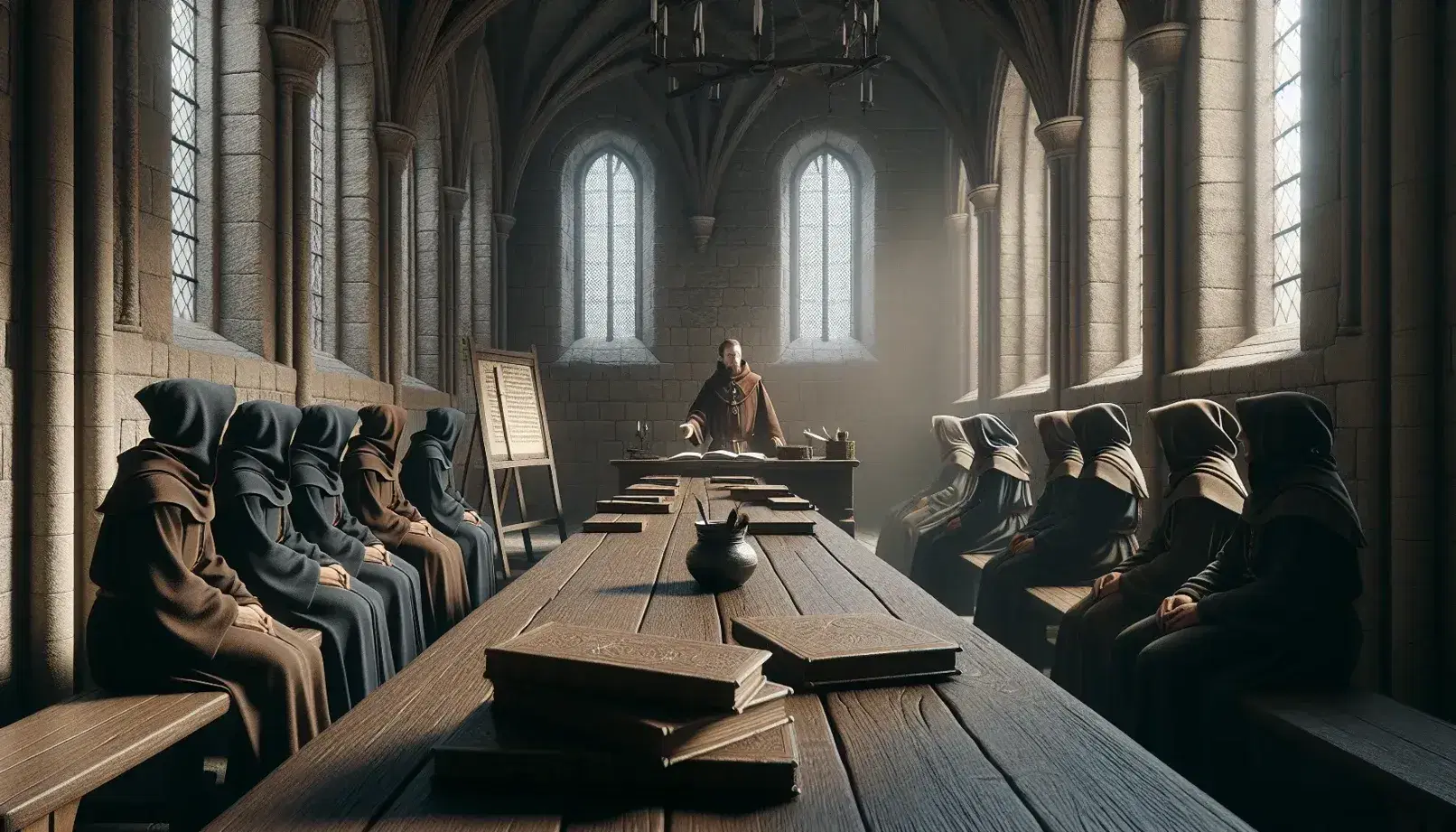 Aula medieval con paredes de piedra y ventanas estrechas, un maestro en túnica marrón explica a estudiantes atentos alrededor de una mesa con libros, tintero y pluma.