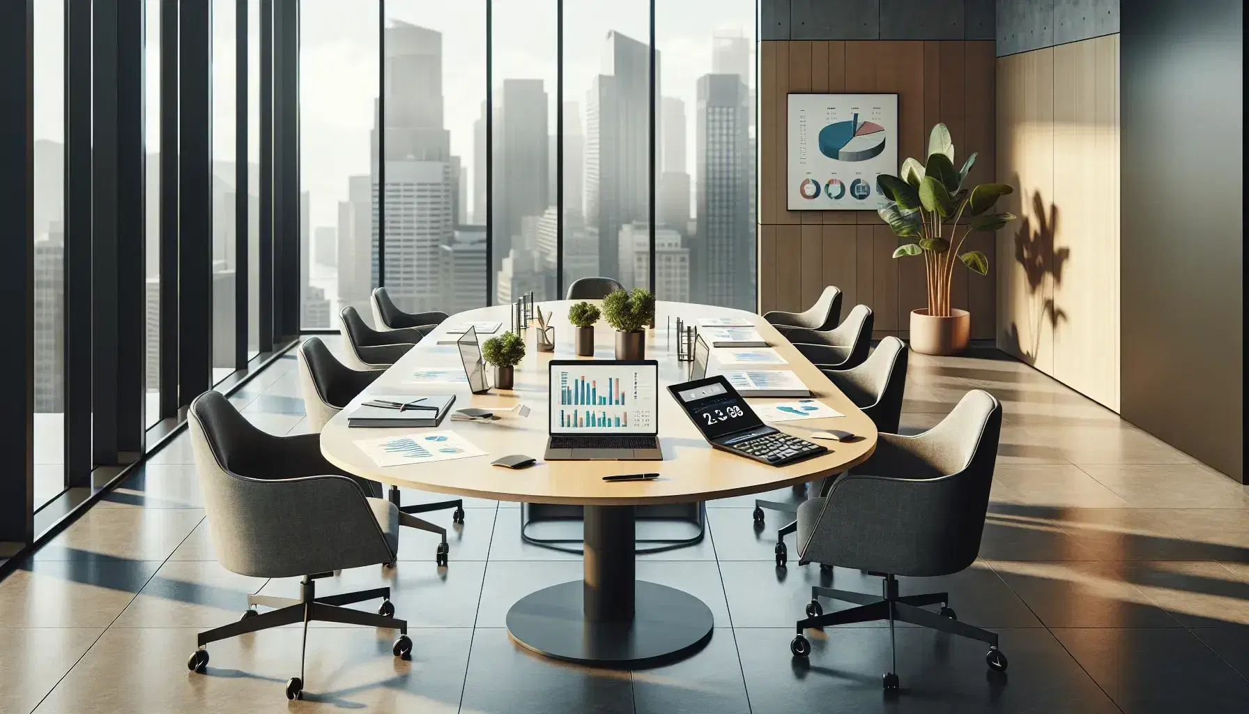 Reunión de negocios en oficina moderna con mesa de reuniones ovalada, sillas ergonómicas, gráficos, laptop y vista urbana a través de ventana grande.