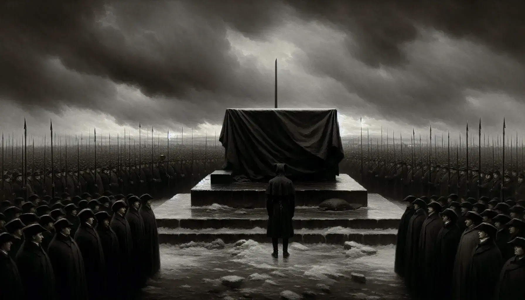 Somber historic execution scene with a draped platform and a dark block under a grey sky, a solemn figure in black, and onlookers separated by red-coated guards.