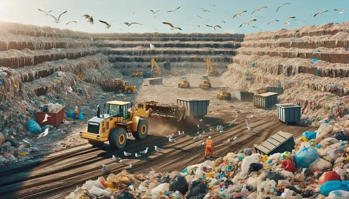 Open-air landfill with yellow bulldozer compacting waste, seagulls looking for food and workers with orange vests and helmets.
