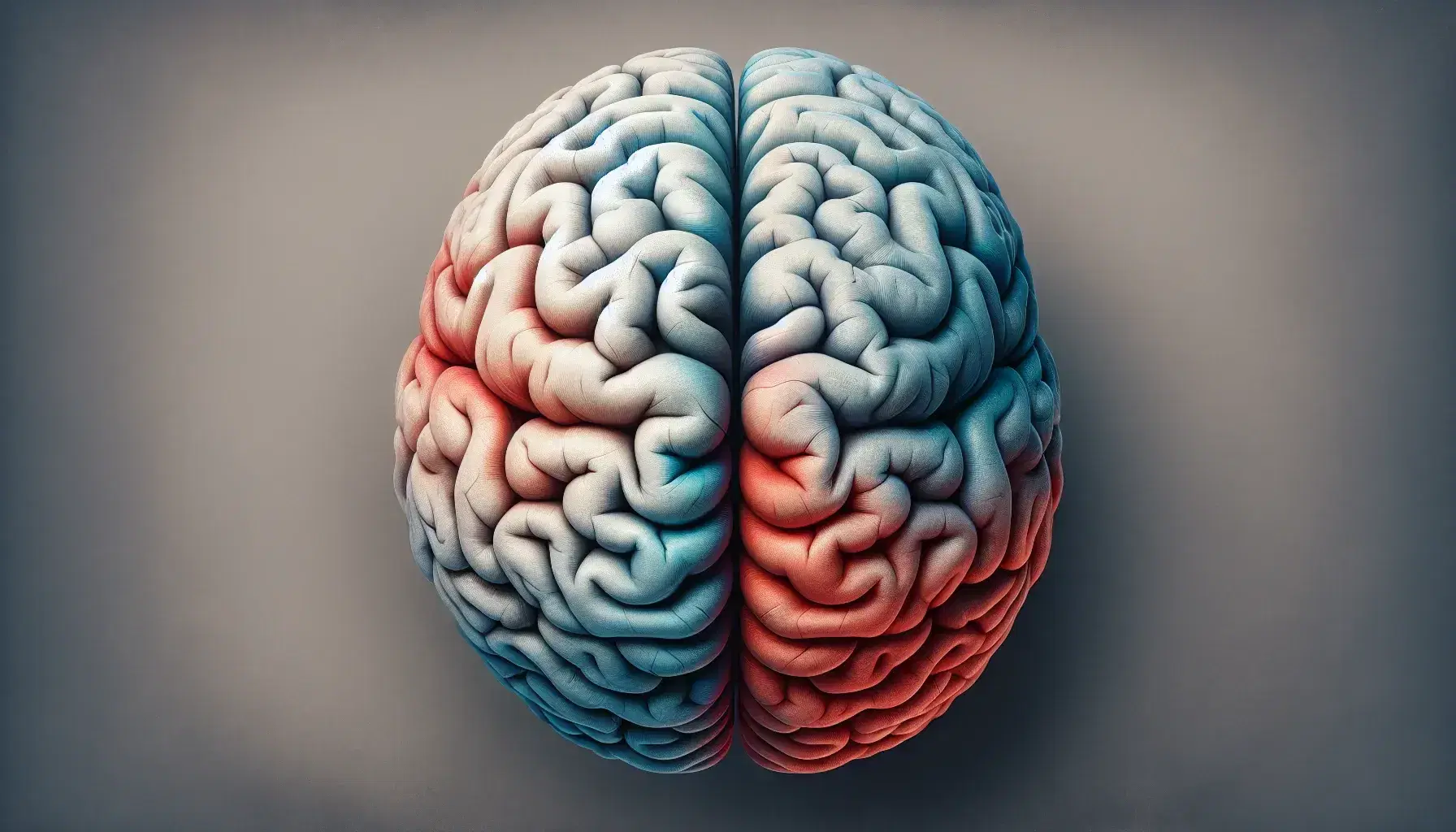 Human brain seen from above with cerebral hemispheres, highlighted corpus callosum, blue tone on the left and red on the right, details of sulci and gyri.