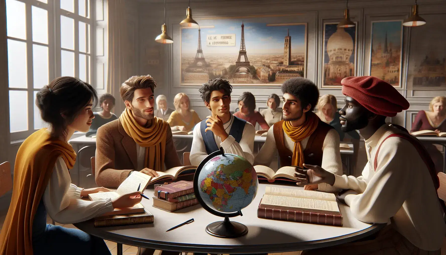 Diverse students engage in French class discussion around a table with books, a globe highlighting Europe, and a teacher by images of Paris landmarks.