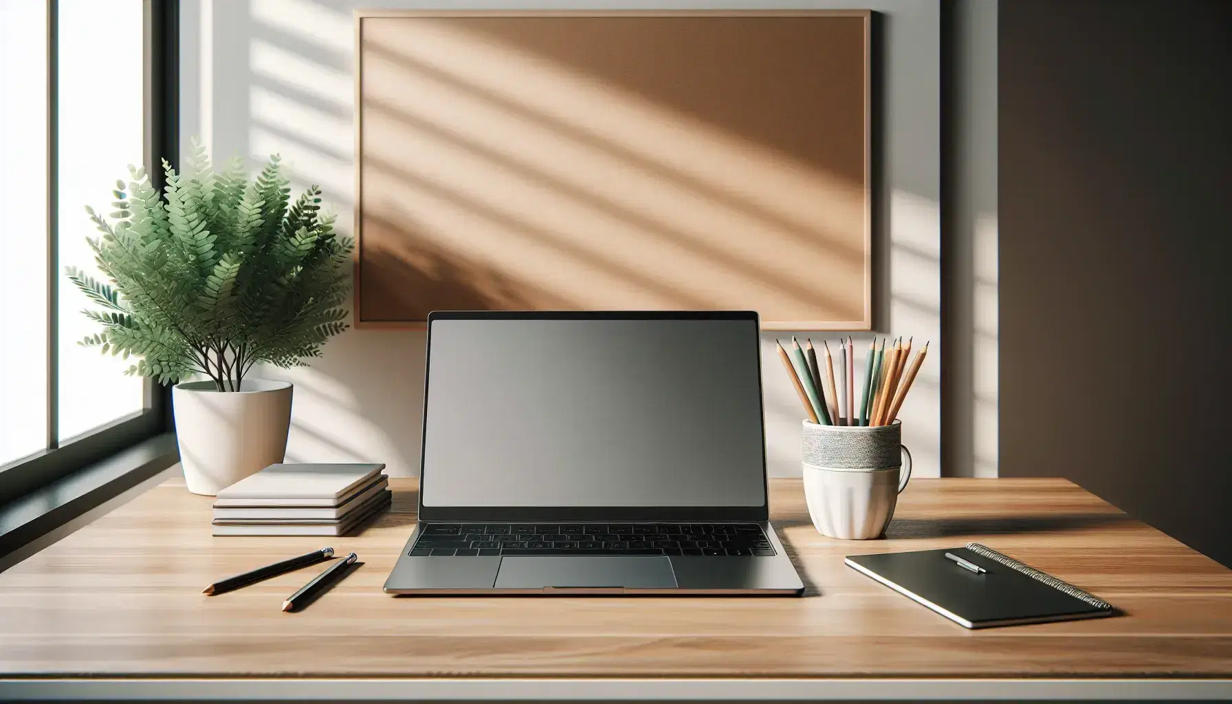 Tidy desk with open laptop, cup with pens, green plant and glass whiteboard, in a bright room with natural light.