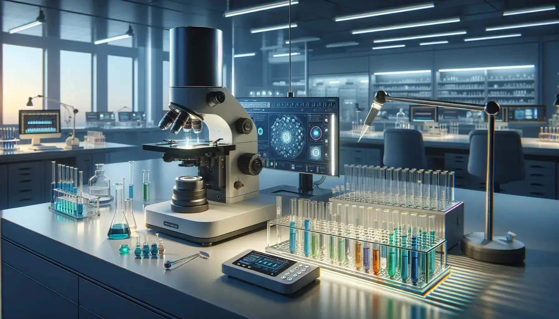 Laboratorio scientifico moderno con microscopio elettronico, provette colorate, bilancia analitica e mano con pipetta.