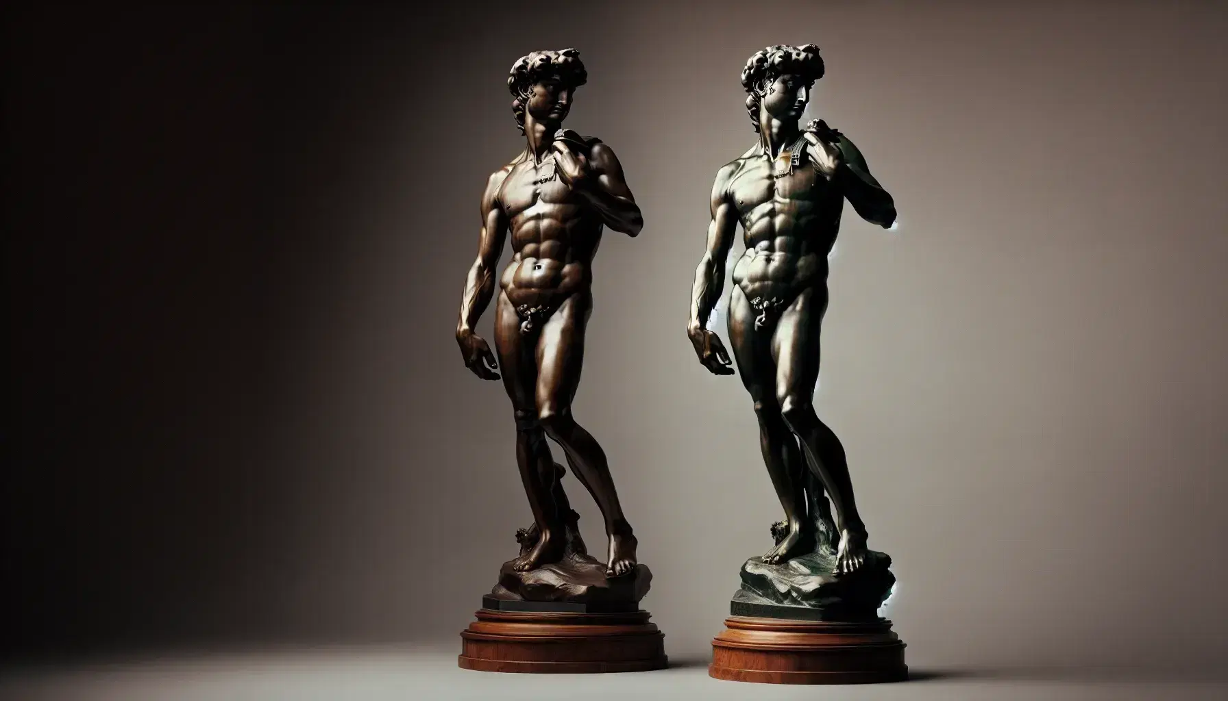Statua in bronzo di David di Donatello con posa contrapposto, cappello piumato, spada e testa di Golia ai piedi, riflessi chiaroscurali.