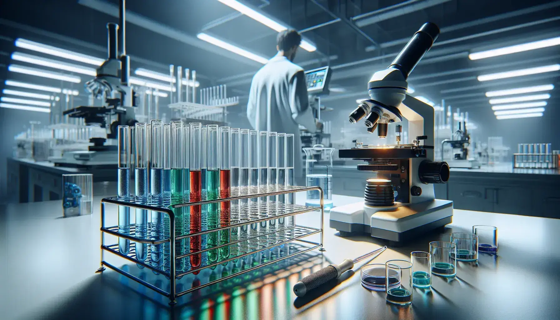 Laboratorio científico con tubos de ensayo de colores en soporte metálico, microscopio y persona usando espectrofotómetro y pipeta.