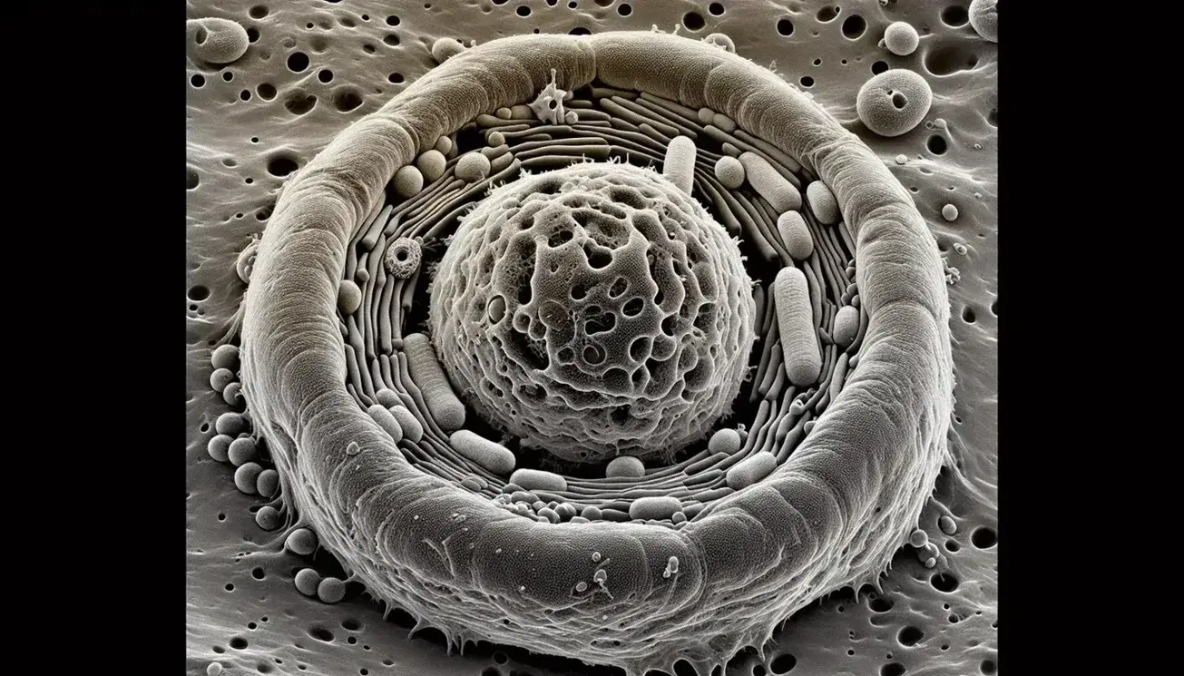 Micrografía electrónica de transmisión en escala de grises mostrando sección transversal de célula eucariota con núcleo, nucleolo, mitocondrias y retículo endoplásmico rugoso.